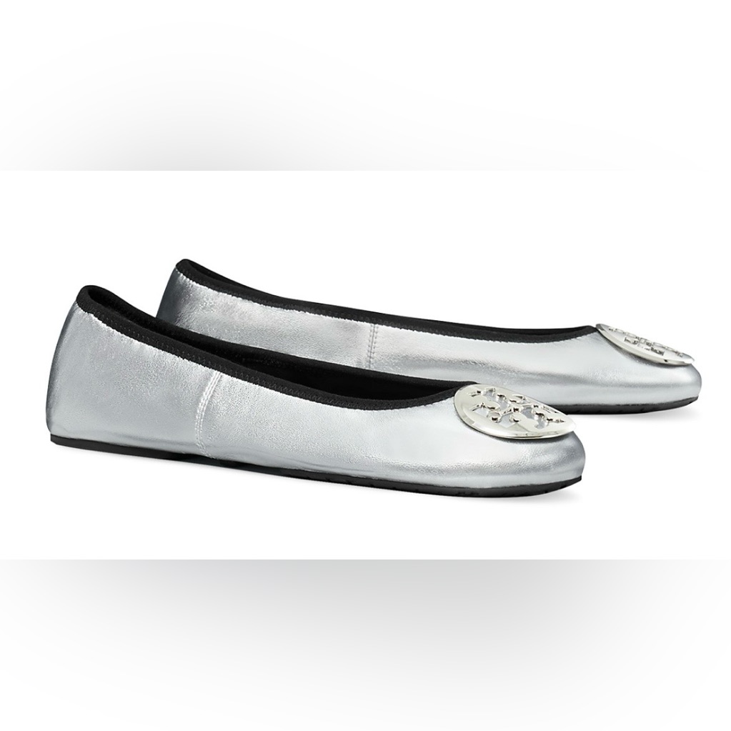 Tory Burch Reva Travel Ballet Flats Leather Metallic Silver Size 8m